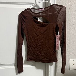 Chic Brown Mesh Cutout Blouse